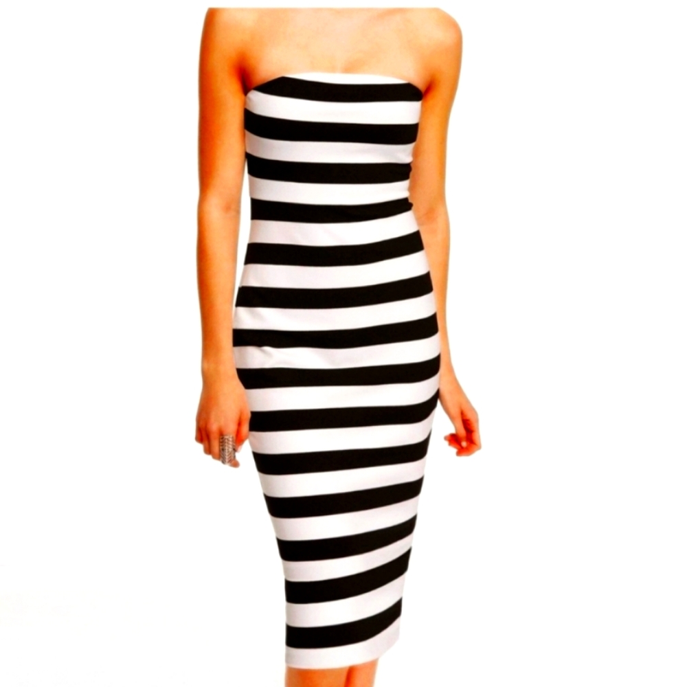 Express Black and White Strapless Bodycon Midi Dress